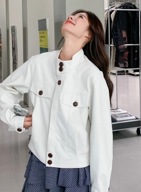 潮流时尚立领白色皮衣外套女秋季爆款高级设计感宽松休闲百搭上衣