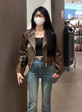 翻领短款pu皮外套女2025春秋新款高级感机车炸街小个子皮夹克