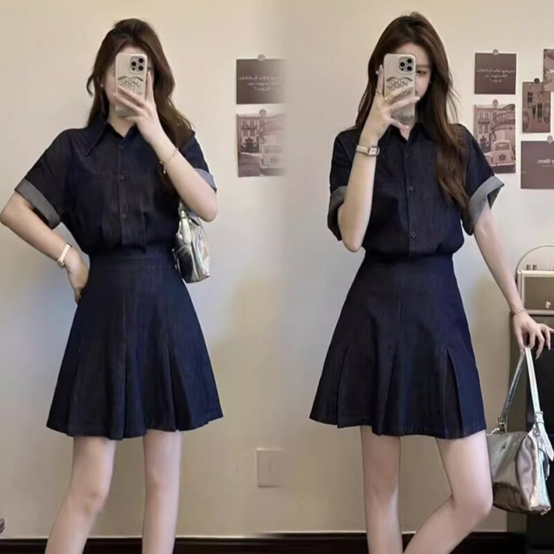 复古港风Polo领卷边短袖牛仔裙女