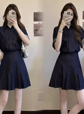 复古港风Polo领卷边短袖牛仔裙女夏气质休闲显瘦收腰连衣裙假两件