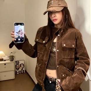 机车工装 新款 百搭显瘦休闲宽松夹克上衣 辣妹立领短外套女秋季 美式