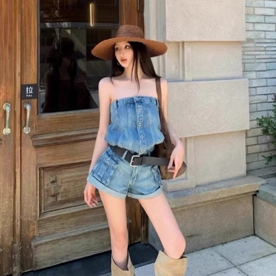 纯欲辣妹抹胸水洗牛仔连体裤女