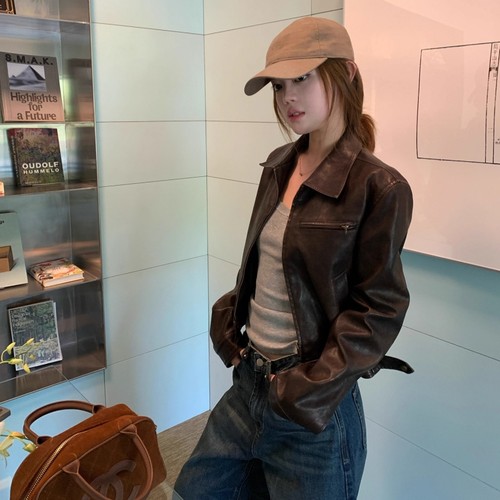 美式纯色辣妹装短款做旧皮衣外套