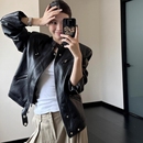 早秋酷飒风黑色皮衣外套女复古宽松多拉链立领垫肩机车服夹克上衣