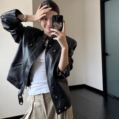 酷飒风黑色皮宽松立领夹克上衣