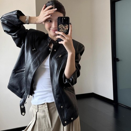 酷飒风黑色皮宽松立领夹克上衣