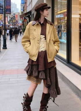 黄色翻领PU皮衣夹克外套女秋季设计感拉链宽松休闲机车服