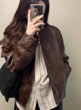 2025秋冬新款小个子韩系立领机车服夹克美拉德棕色短款皮衣外套女