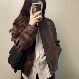2025秋冬新款小个子韩系立领机车服夹克美拉德棕色短款皮衣外套女