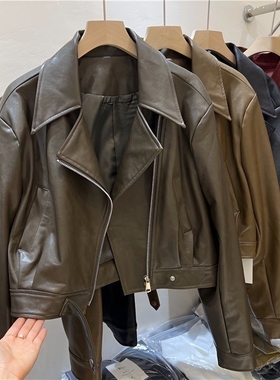 2025秋季港风pu皮衣咖色外套女短新款复古宽松长袖机车服夹克上衣