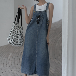 做旧韩版 帅气别致牛仔背带中长裙薄夏高腰显瘦h型连衣裙女