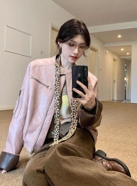 复古时髦艺术家撞色pu皮衣女2025秋新款季夹克设计感百搭外套上衣