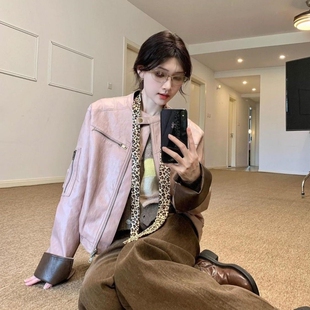 复古时髦艺术家撞色pu皮衣女2025秋新款 夹克设计感百搭外套上衣 季