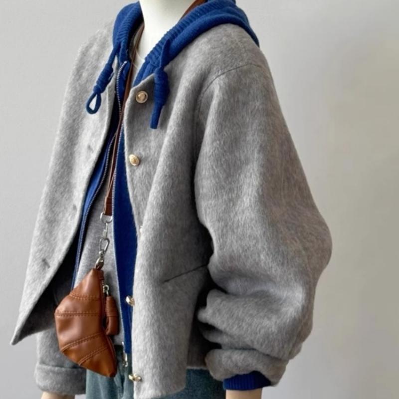 高级感赫本风灰色短款毛呢外套
