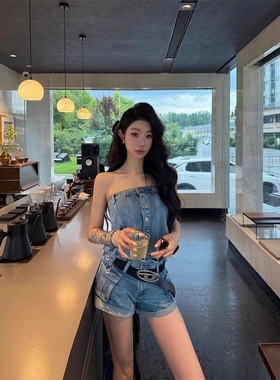 夏复古做旧抹胸式牛仔连体裤女欧美辣妹腰带阔腿炸街小个子短裤