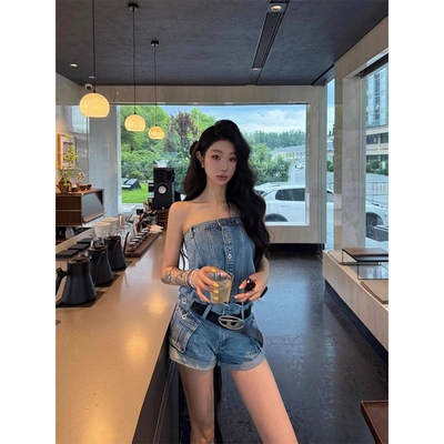 小个子做旧抹胸式牛仔连体裤女