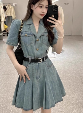 小个子牛仔西装领百褶连衣裙女夏季小香风收腰显瘦短袖A字裙子潮