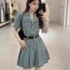 小香风收腰显瘦短袖 小个子牛仔西装 领百褶连衣裙女夏季 A字裙子潮