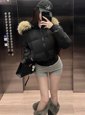 保暖黑色毛领连帽棉服外套女冬季收腰修身面包服美式百搭棉衣棉袄