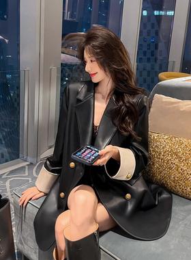 设计感拼色西服上衣宽松休闲高级感黑色pu皮衣外套女2025秋冬韩版