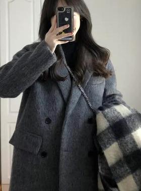 高级感灰色毛呢外套女2025秋冬新款加厚宽松小个子西装呢子大衣女