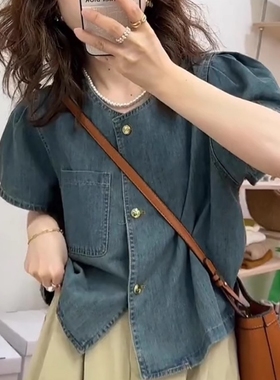 小众时尚洋气小飞袖圆领上衣2025夏装新款复古宽松短款牛仔衬衫女