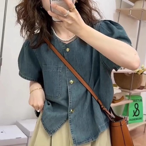 复古宽松短款牛仔衬衫女圆领上衣
