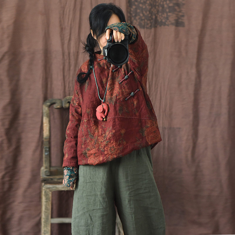 文言小众亚麻印花中式棉服中国风复古盘扣仿香云纱外套夹棉棉衣女
