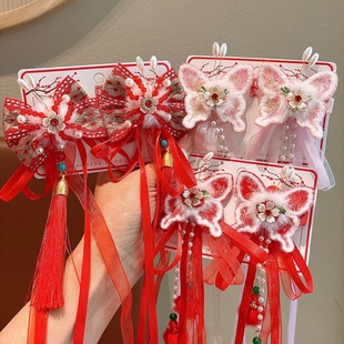 儿童新年发饰红色蝴蝶结喜庆发夹女古风过年头饰女童汉服发卡夹子