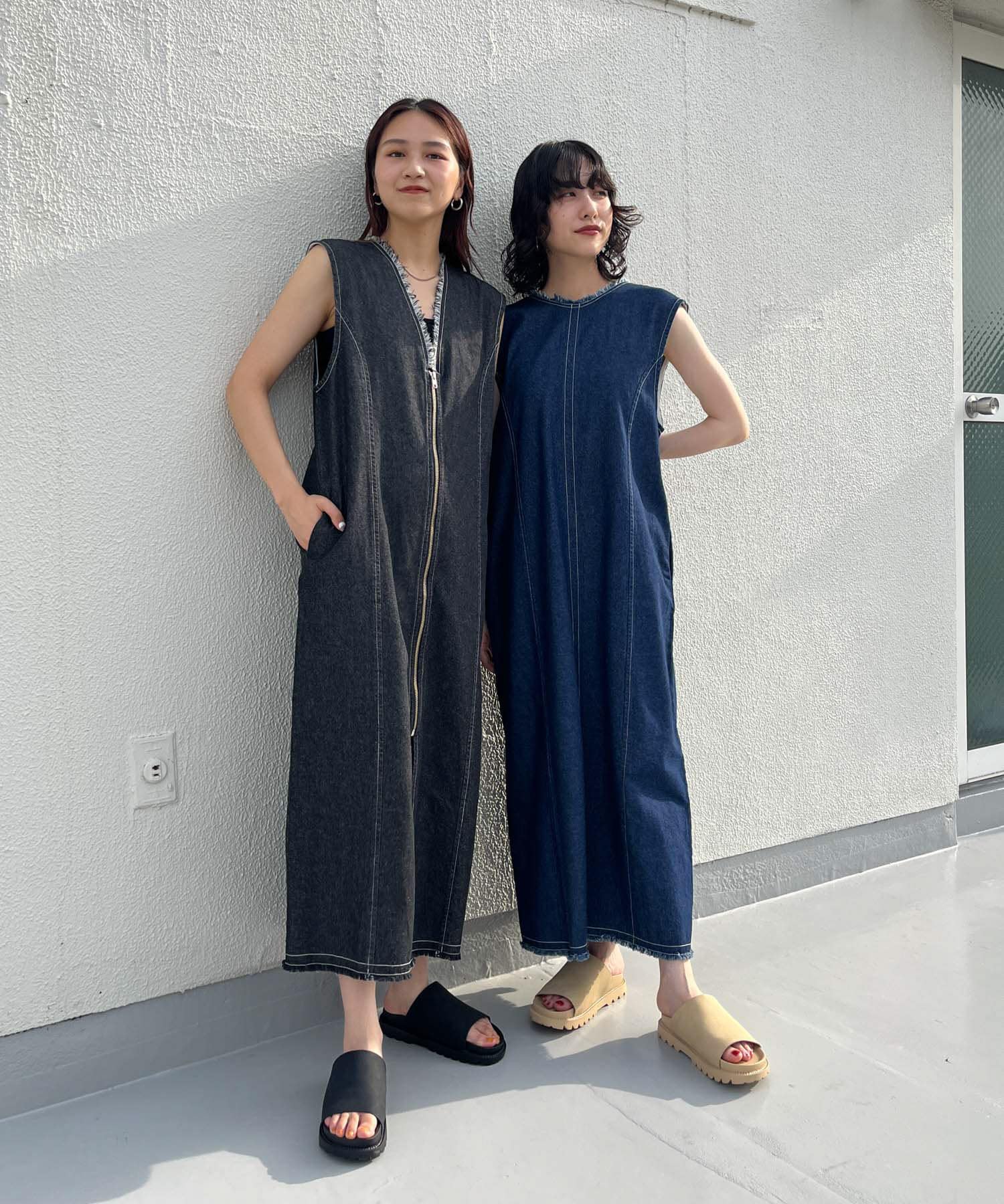 早秋日系K*F前后2WAY纯棉V领拉链设计流苏毛边复古无袖背心连衣裙