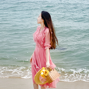 海邊渡假沙灘收腰長裙子女早秋仙氣超仙仙女荷葉邊v領絕美連衣裙