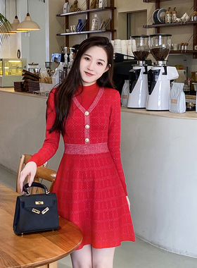 法式复古针织连衣裙女秋冬加厚修身显瘦中长款半高领红色打底裙子