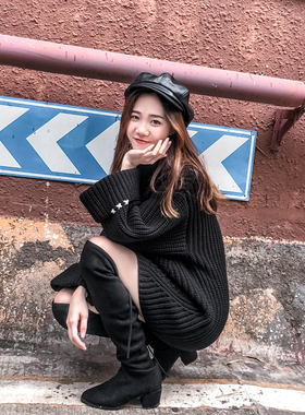 高领毛衣女秋冬加厚宽松韩版慵懒风外穿中长款套头黑色粗线毛衣裙
