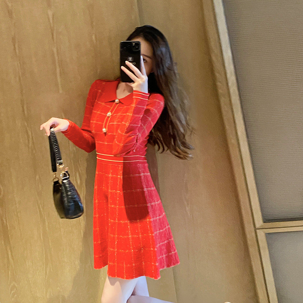 法式复古红色连衣裙女秋冬小个子POLO领a字修身显瘦短款针织裙子