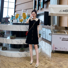 裙子女夏2020新款中长款小个子双层娃娃领短袖排扣雪纺衬衫连衣裙