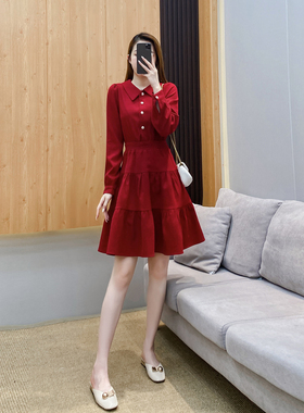 法式复古小众温柔红色裙子女秋冬小个子a字裙修身显瘦高腰连衣裙