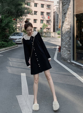 法式小黑裙女春秋装新款复古裙子中长款黑色娃娃领长袖衬衫连衣裙