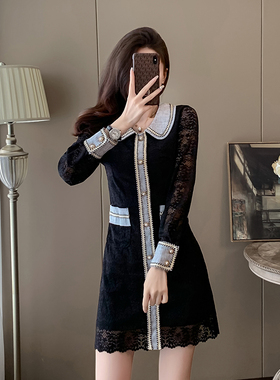 法式桔梗气质小香风蕾丝连衣裙女春装心机设计感小众独特黑色裙子