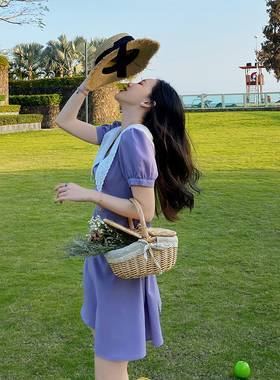 裙子女夏季仙女裙宫廷风复古法式桔梗雪纺收腰显瘦气质紫色连衣裙