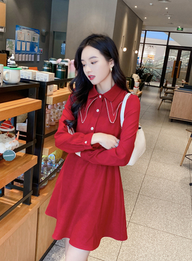 法式复古红色连衣裙女春秋茶歇裙初恋别致小众小个子娃娃领裙子