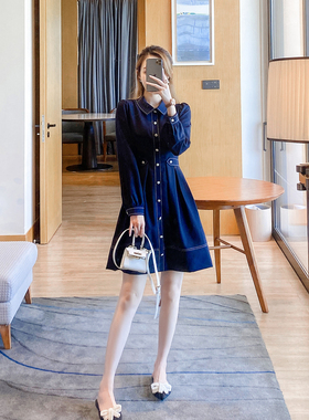 法式蓝色小香风裙子女春秋季收腰长袖小众别致polo领气质连衣裙