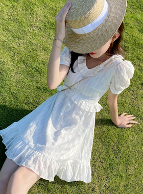 裙子女夏新款甜辣裙初恋套头V领白色泡泡袖荷叶边显瘦雪纺连衣裙