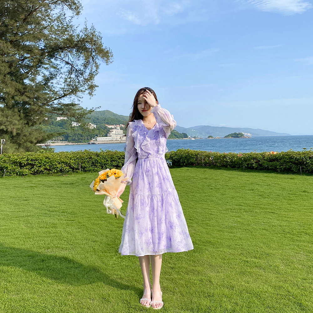 法式初恋甜美V领碎花连衣裙