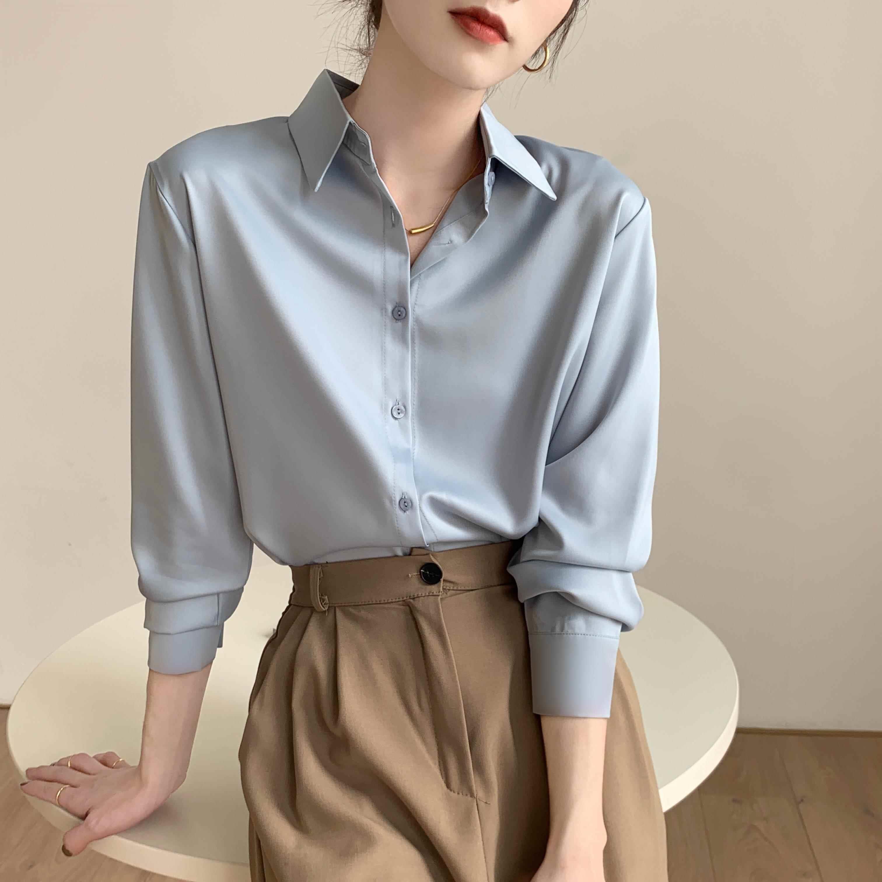 缎面长袖衬衣女春秋高级感职业气质工作服面试正装通勤蓝色衬衫女