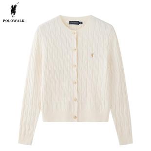 女24秋冬新款 POLOWALK麻花针织开衫 保罗女士白色绞花圆领毛衣外套