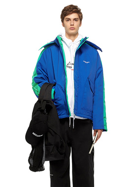 ESSENSAL HOMME 蓝/绿拼接连帽可拆卸宽松防风雪加厚棉服外套