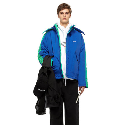 ESSENSAL HOMME 蓝/绿拼接连帽可拆卸宽松防风雪加厚棉服外套