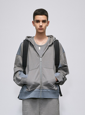 浅灰蓝色拼接开胸YKK金属拉链连帽卫衣 ESSENSAL HOMME