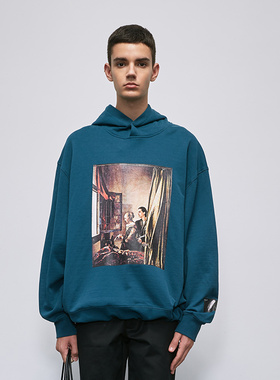 ESSENSAL原创设计师2019款拼接插画套头圆领宽松青春运动蓝黑卫衣