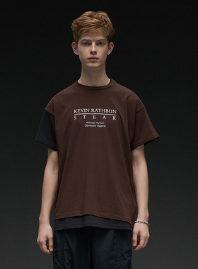 假两件多层拼接撞色圆领T恤 深棕色 ESSENSAL HOMME